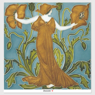 Pegatina Doncella de la amapola naranja de estilo Art Nouve
