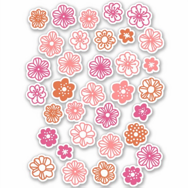 Pegatina Doodle de flores Rojo rosado y Naranja (Anverso)