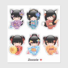 Pegatina Dos muñecas kokeshi - Chicas japoneses de Kimono G