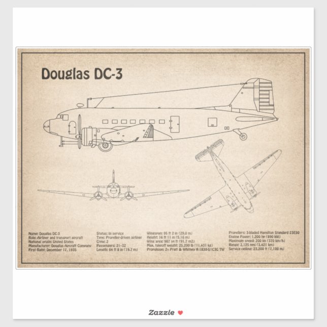Pegatina Douglas DC-3 - Planes de dibujo del plano aéreo SD (Hoja)
