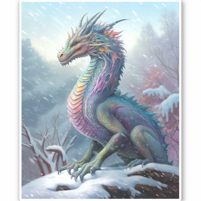 Pegatina Dragón Arcoiris En El Arte De La Nieve Fantasía (Anverso)