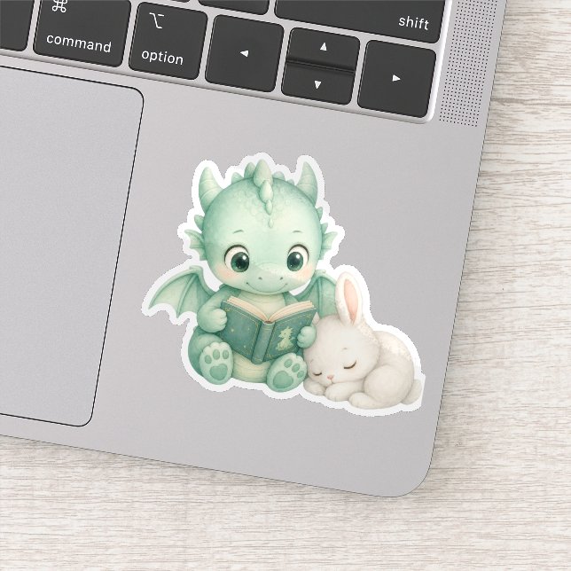 Pegatina Dragón Bebé Adorable Leyendo Libro Acuarela Guarde (Detalle)