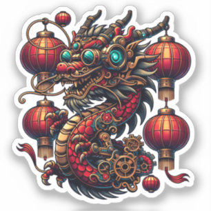 Pegatina Dragón de Año Nuevo Chino Steampunk
