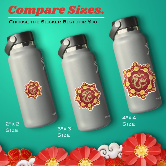Pegatina Dragón de las flores doradas del octavo año nuevo  (Chinese New Year Sticker–Eight Lucky Golden Flowers and Dragon–Available in six different sizes.)