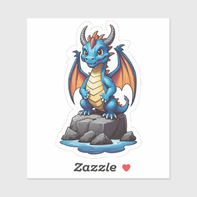 Pegatina Dragón lindo azul y naranja (Hoja)