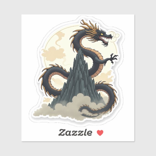 Pegatina Dragón majestuoso de tinta en torno a una montaña (Hoja)