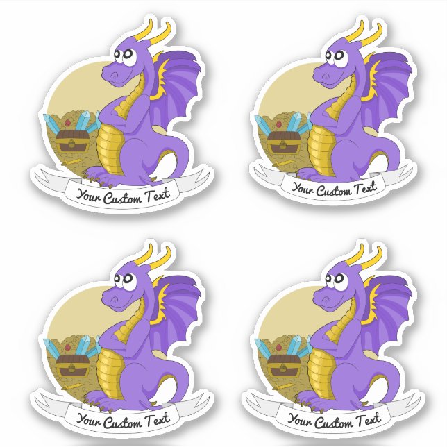 Pegatina dragón morado personalizado con tesoro y texto (Anverso)
