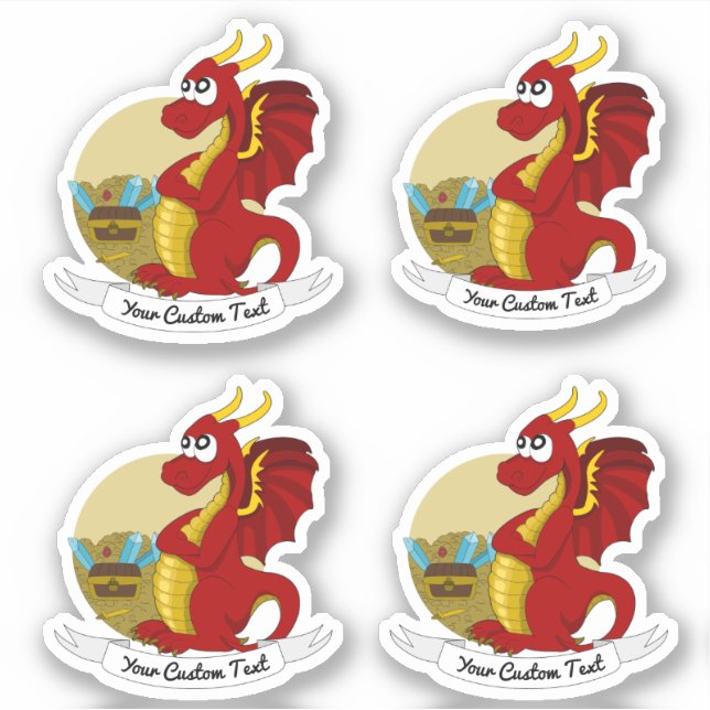 Pegatina Dragón rojo de dibujos animados con tesoro y pegat (Anverso)