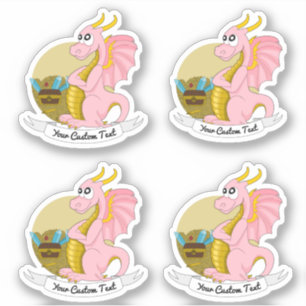Pegatina Dragón rosa de dibujos animados con tesoro y pegat