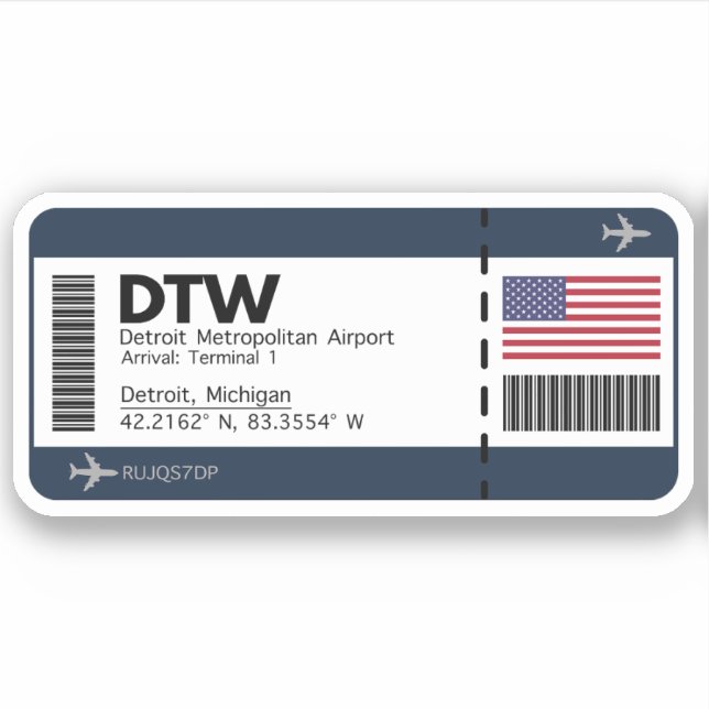 Pegatina DTW Detroit Boarding Pass - Estados Unidos Ticket (Anverso)