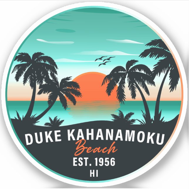 Pegatina Duke Kahanamoku Beach Hawaii Retro Sunset Souvenir (Anverso)