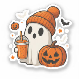 Pegatina Dulce Fantasma de Halloween con Calabaza y Bebida 