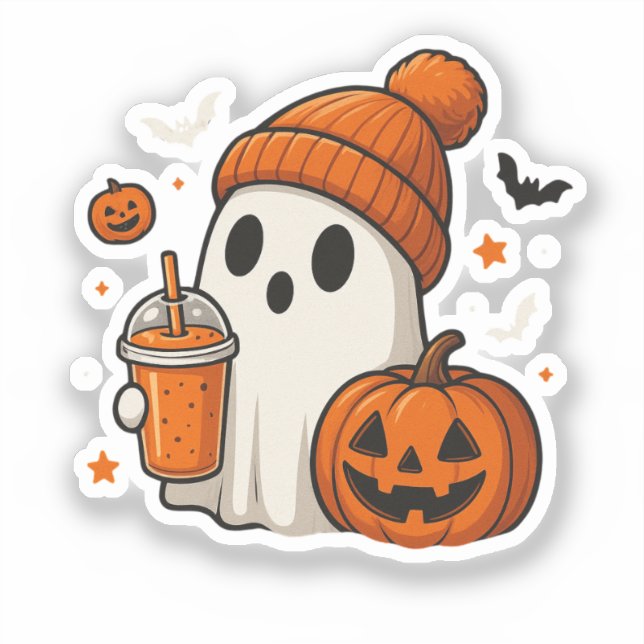 Pegatina Dulce Fantasma de Halloween con Calabaza y Bebida  (Anverso)