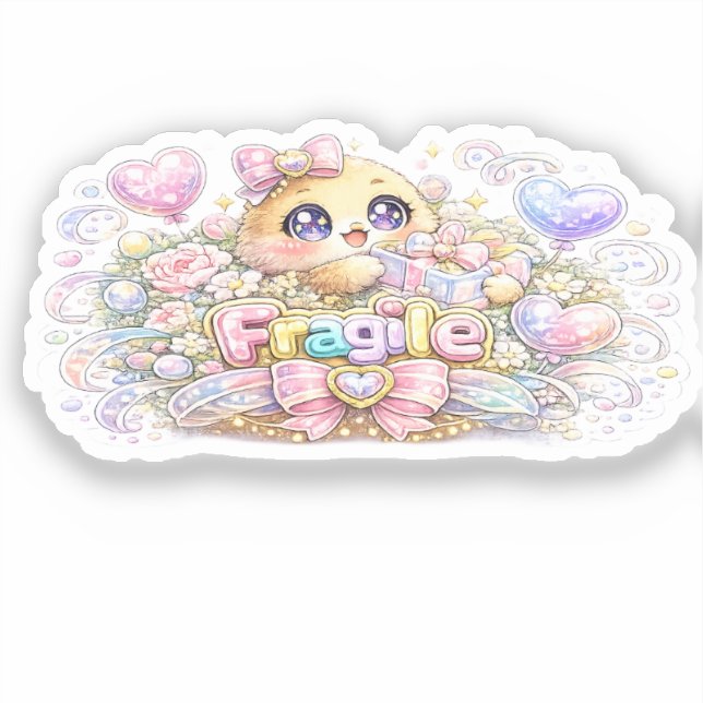 Pegatina Dulce Kawaii Frágil Manipular Con Cuidado Gato Pas (Anverso)