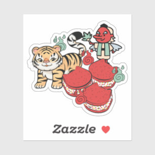 Pegatina Dulces Macarons de Tigre Kawaii, Tengu y Gato