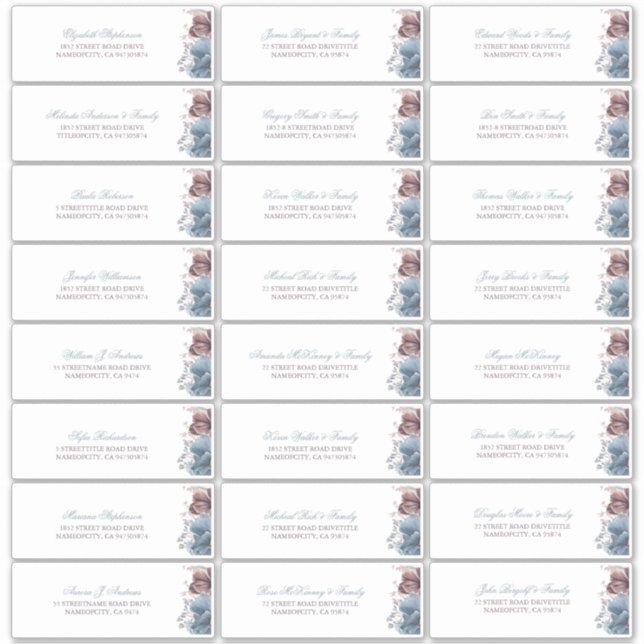 Pegatina Dusty Blue Mauve Flowers Nombre de invitado Etique (Anverso)