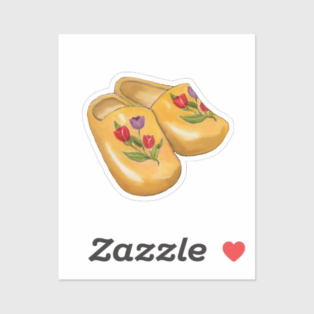 Pegatina Dutch Wooden Shoes with Tulips, Klompen, Holland (Hoja)