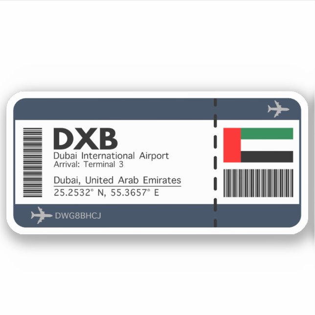 Pegatina DXB Dubai Boarding Pass - Dubai Ticket (Anverso)