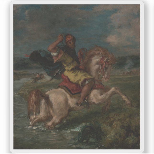 Pegatina E. Delacroix - Caballo marroquí cruzando un Ford (Anverso)