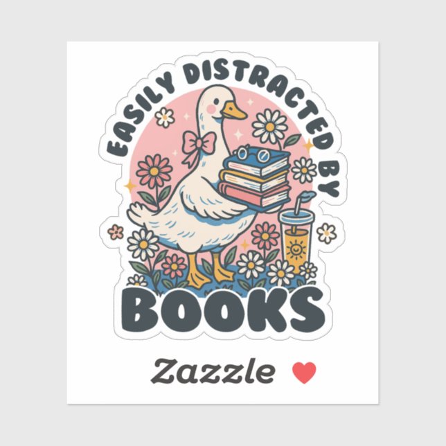 Pegatina Easily Distracted by Books Cute Goose Bookworm (Hoja)