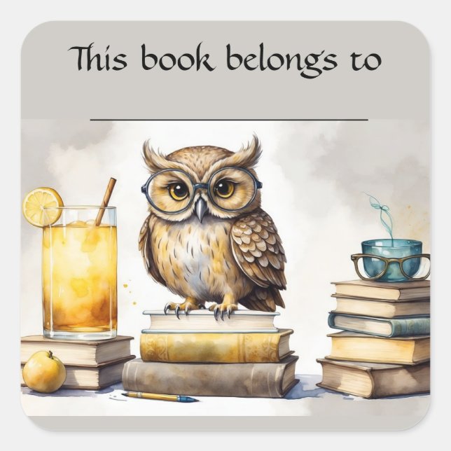 Pegatina Editable Owl and Books Bookplate (Anverso)