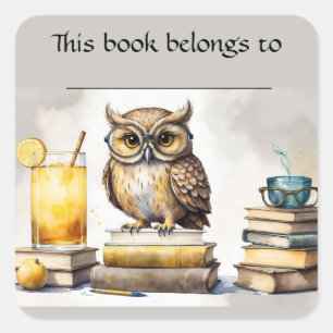 Pegatina Editable Owl and Books Bookplate