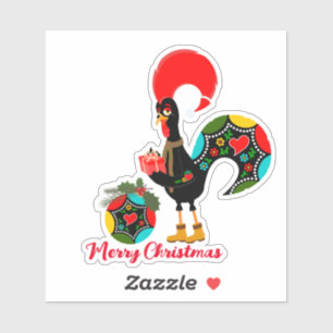 Pegatina El gallo portugués con un regalo de Navidad