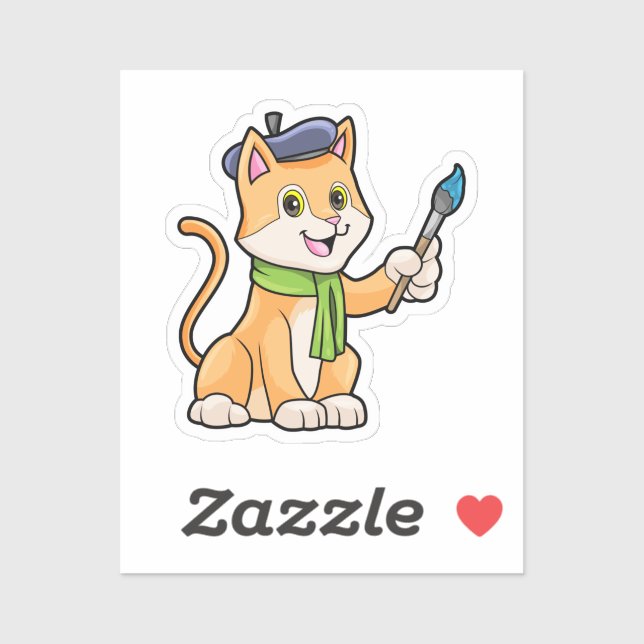 Pegatina El gato como pintador con pincel y bufanda (Hoja)