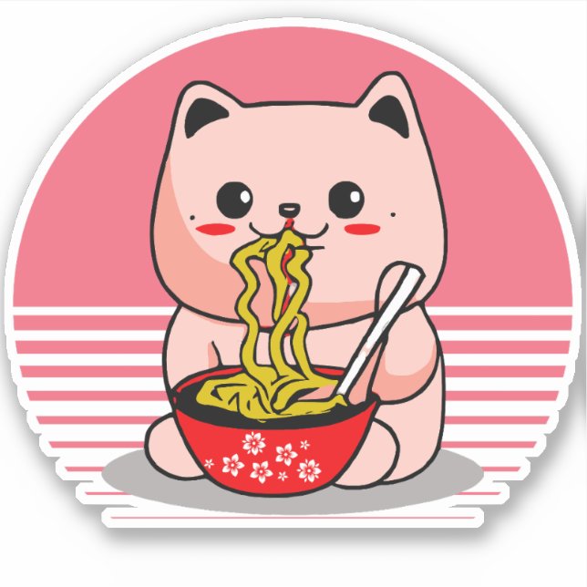Pegatina El gato de Kawaii comiendo ramen (Anverso)