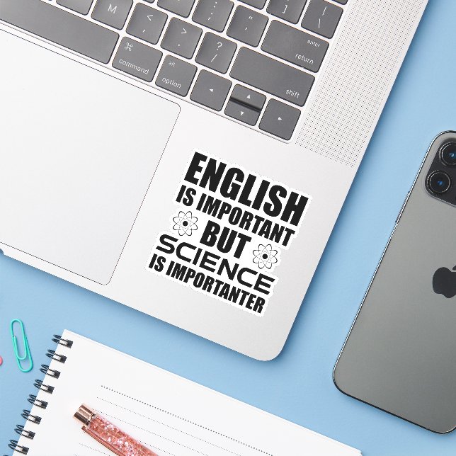 Pegatina El inglés es importante pero la ciencia es importa (Ordenado portátil con iPhone)