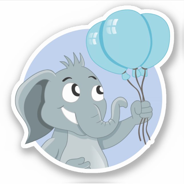 Pegatina Elefante de dibujos animados con globos azules (Anverso)