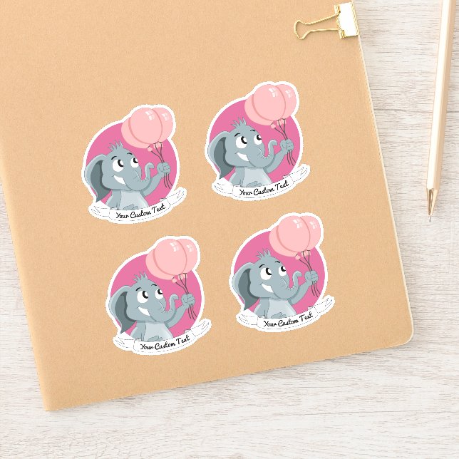 Pegatina Elefante de dibujos animados con globos rosas y te (Cuaderno)