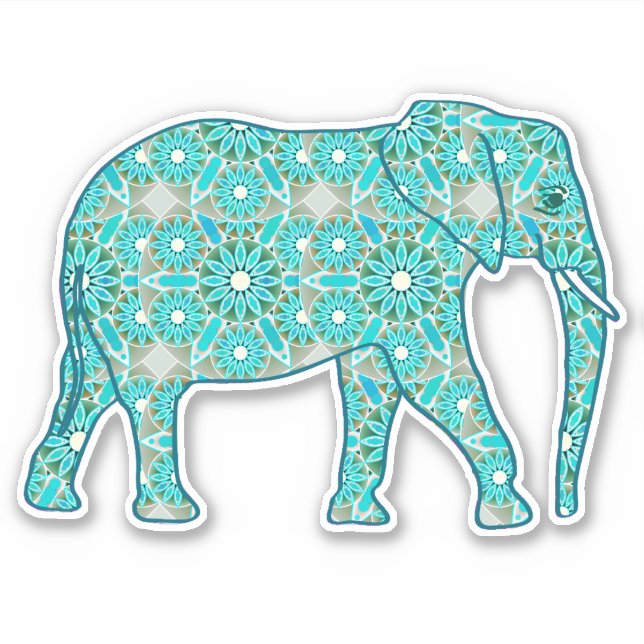 Pegatina Elefante de flores de Mandala, turquesa, gris y bl (Anverso)