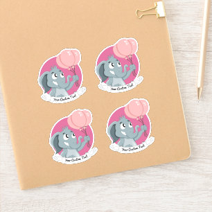 Pegatina elefante personalizado con globos rosados y texto