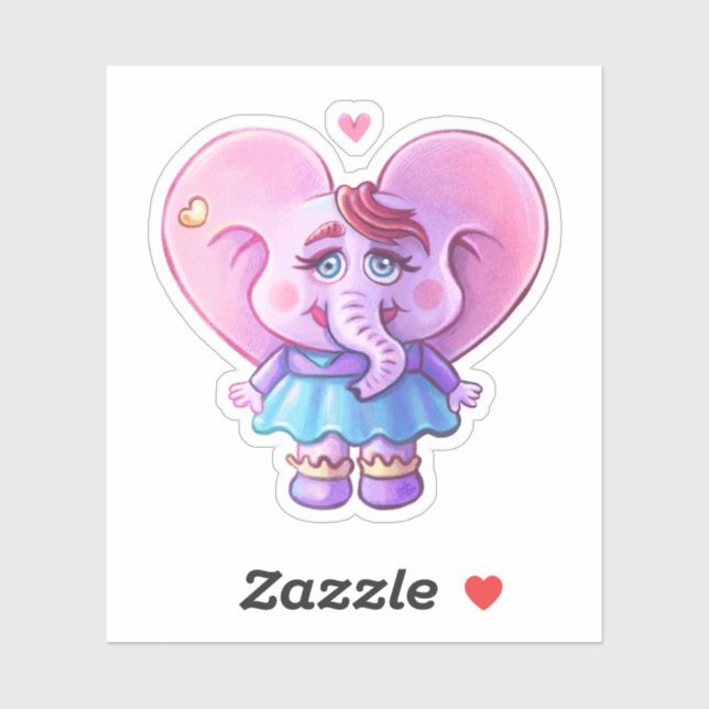 Pegatina Elefante Rosa Kawaii chica Enamorado (Hoja)