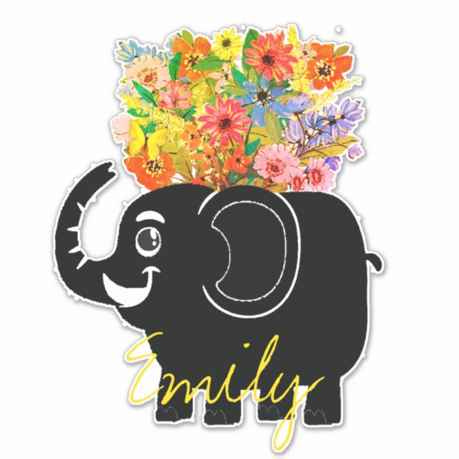 Pegatina Elefante y flores personalizado (Anverso)