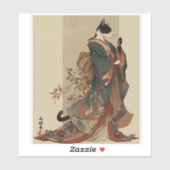 Pegatina "Elegant Grace" Japanese Cat in Kimono Art (Hoja)
