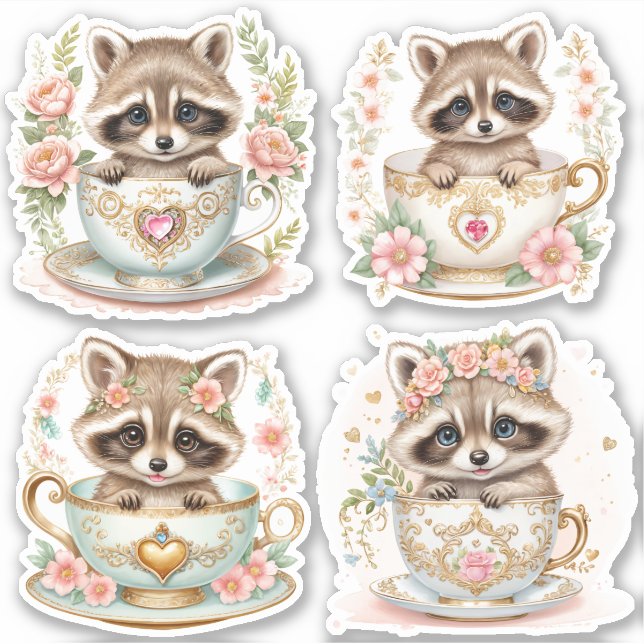 Pegatina Elegante bebé mapache en Teacup - Diseño floral (Anverso)