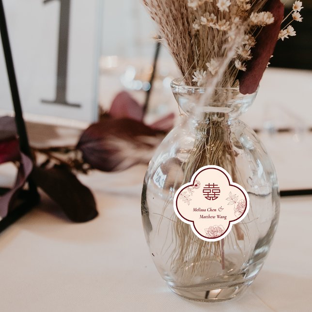 Pegatina Elegante Boda chino Xi doble flor (Elegant Flower Double Xi Chinese Wedding Sticker)