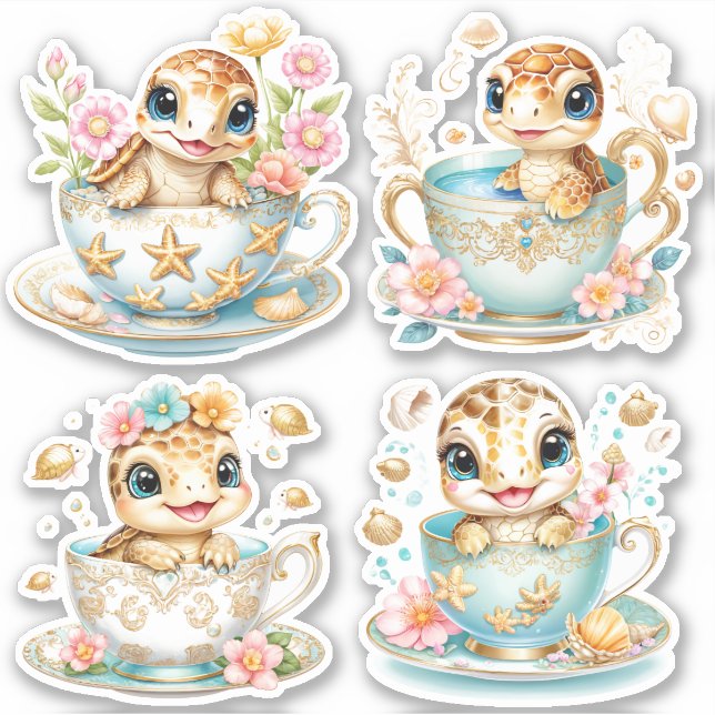 Pegatina Elegante cría de tortuga en taza de té - Diseño fl (Anverso)