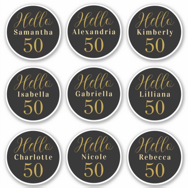 Pegatina Elegante Cumpleaños 50 Negro Oro Nombres Personali (Anverso)