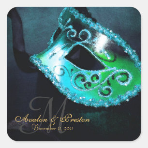 Pegatina elegante de monograma de mascarada verde