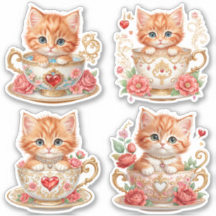 Pegatina Elegante Gatito en Taza de Té Stickers -  Diseño F