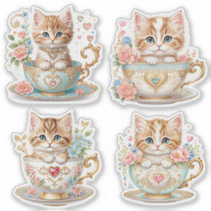 Pegatina Elegante Gatito en Taza de Té Stickers -  Diseño F