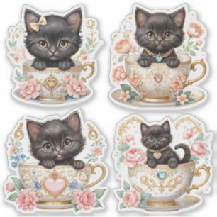 Pegatina Elegante Gatito en Taza de Té Stickers -  Diseño F