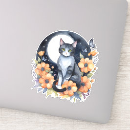 Pegatina Elegante Gato Negro Floral Moon Art Gato Amante