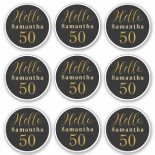 Pegatina Elegante Hello 50 Negro Oro Cumpleaños Personaliza