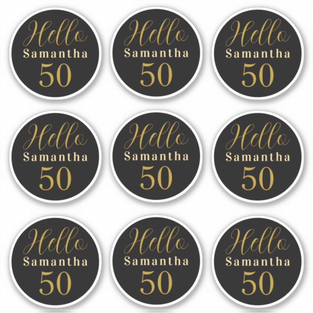 Pegatina Elegante Hello 50 Negro Oro Cumpleaños Personaliza (Anverso)
