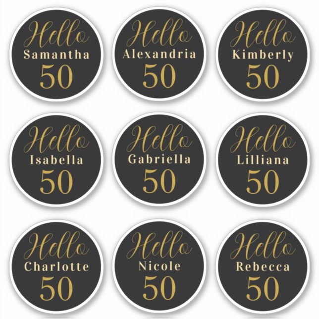 Pegatina Elegante Hello 50 Negro Oro Nombres Personalizados (Anverso)