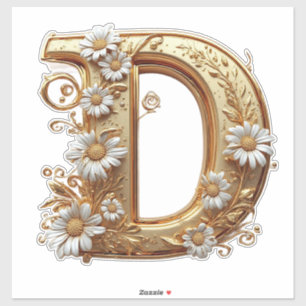 Pegatina Elegante letra D dorada con diseño floral